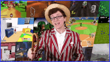 a man in a straw hat and striped jacket holds an umbrella in front of a wall of video game screens