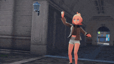 a girl in shorts is throwing a ball on a brick sidewalk