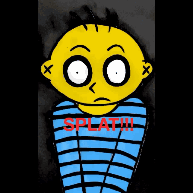 a cartoon of a baby wrapped in a blue and black striped shirt that says splat !!!