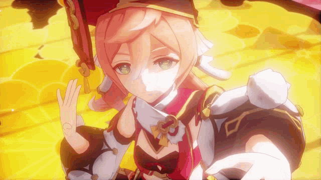 a girl with pink hair is wearing a red and gold outfit