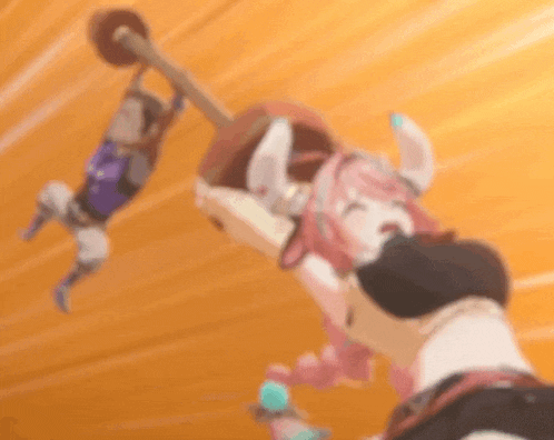 a man and a girl are playing a video game and the girl is holding a hammer