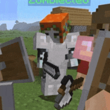 a screenshot of a minecraft game with a zombie holding a sword and shield