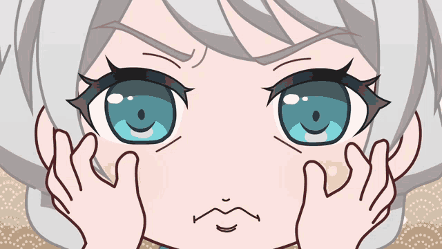 a girl with gray hair and blue eyes making a face