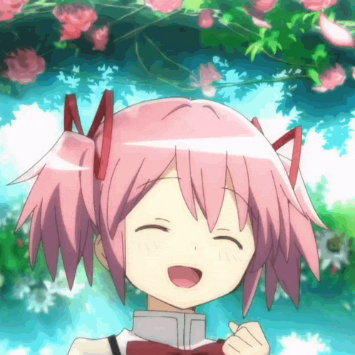 a girl with pink hair and a bow tie is smiling with flowers in the background