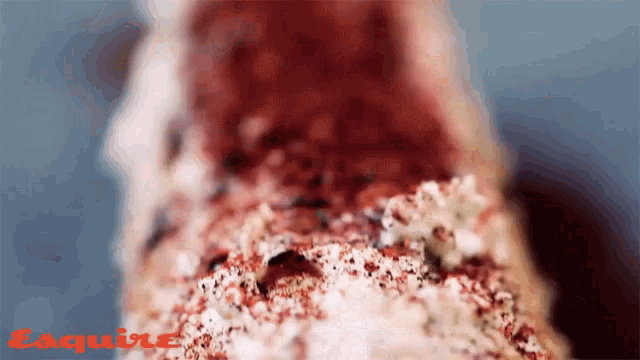 a close up of a red and white object with the word esquire in red
