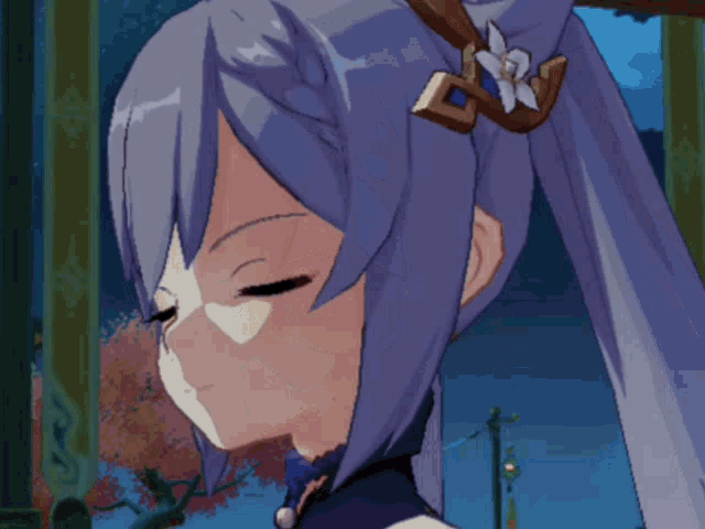 a close up of a purple haired anime character with a flower in her hair