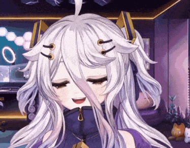 a girl with white hair is smiling in a room with purple walls