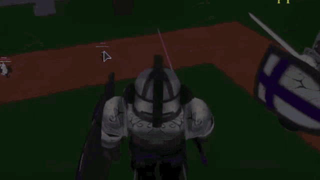a person is holding a sword and shield in a video game with a purple light coming out of it .
