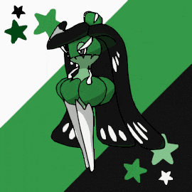 a drawing of a green and black cartoon character with stars around it