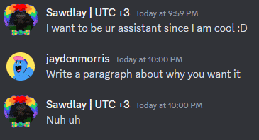 a screenshot of a conversation between sawdlay and jaydenmorris