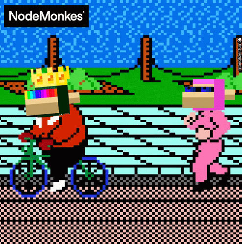 a pixel art of a man riding a bike next to a girl in a pink costume