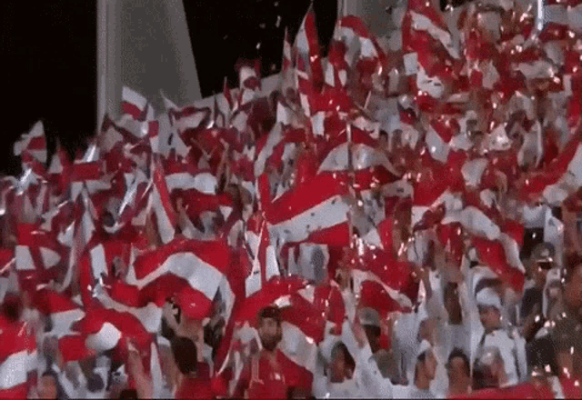 a crowd of people are waving red and white flags and confetti is falling from the stands