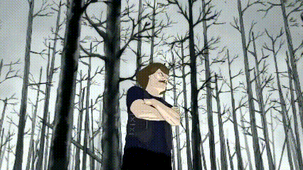 a man with his arms crossed stands in a forest