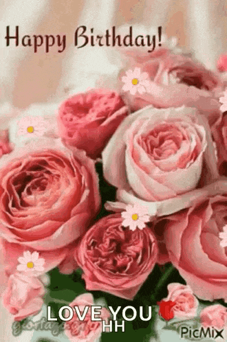 a bouquet of pink roses with the words `` happy birthday ! ``