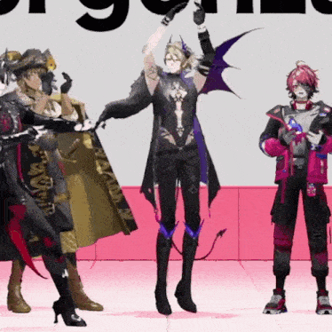 a group of anime characters are standing in front of a sign that says ' i 'm a devil ' on it