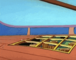 a cartoon scene with a hole in the floor and a blue wall