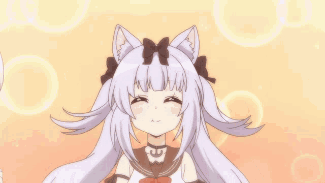 a girl with a cat ear is holding a fork in her hand