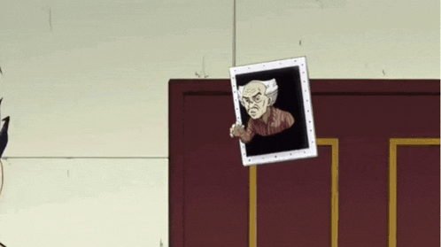a picture of an old man is hanging on a door in a cartoon .