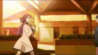 two anime girls are standing next to each other in a building .