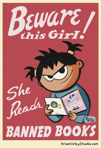 a cartoon of a girl reading a banned book