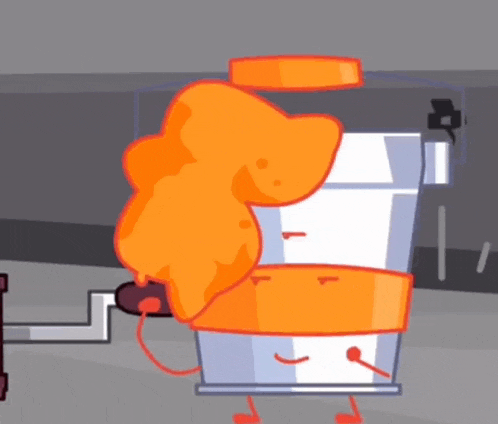 a cartoon drawing of a bucket with flames coming out of it 's mouth