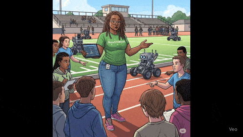 a cartoon of a woman talking to a group of kids wearing a shirt that says ' nano stem ' on it