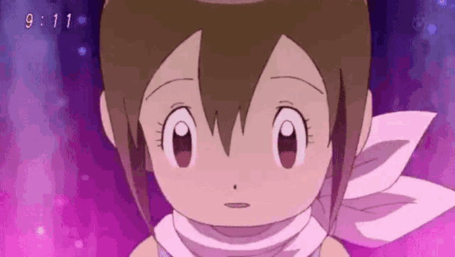 a close up of a cartoon character with a scarf around her neck and a purple background .