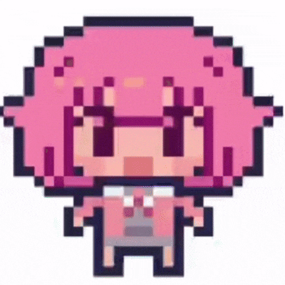 a pixel art drawing of a girl with pink hair .