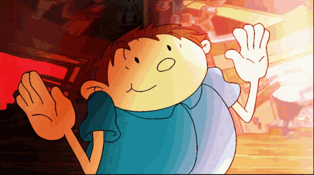 a cartoon of a boy waving his hand with a coca cola logo in the background