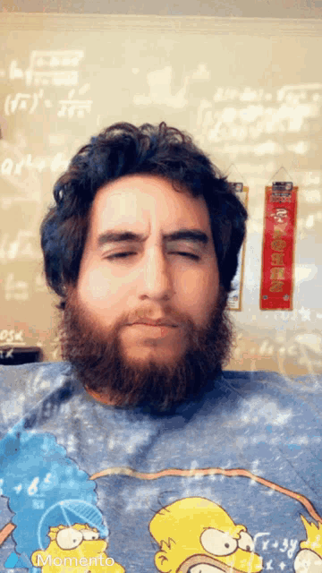 a man with a beard is wearing a shirt with the simpsons on it