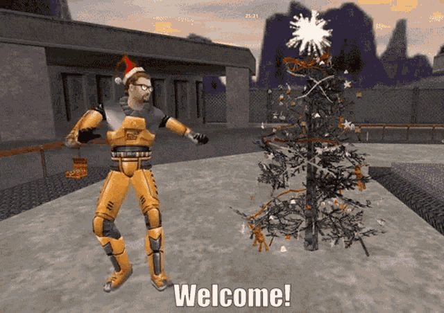 a man in a santa hat is standing next to a christmas tree with the words welcome written below him