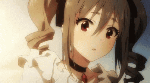 a close up of a anime girl with a choker around her neck and red eyes .