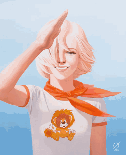 a girl with a lion on her shirt salutes