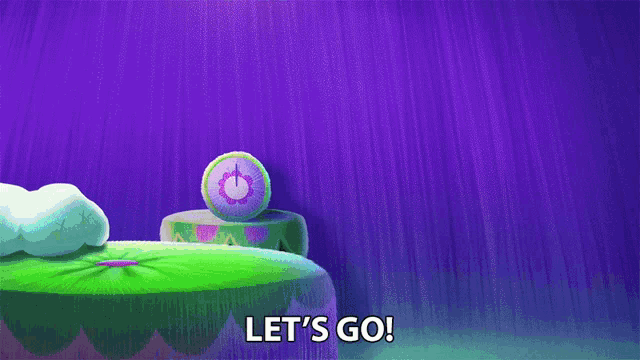 a cartoon character says let 's go while holding a frog