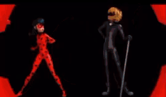 a man and a woman are standing next to each other on a red background with black circles .