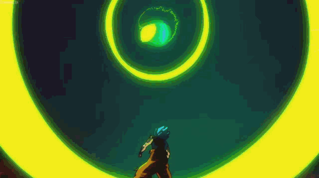 a person is standing in front of a green circle .