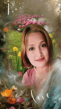 a girl in a pink shirt is surrounded by flowers in a painting