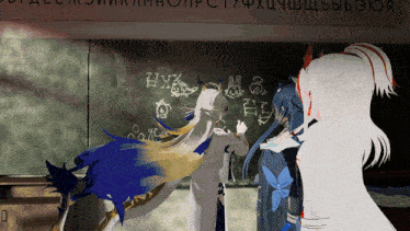 a group of anime characters are standing in front of a blackboard with foreign writing