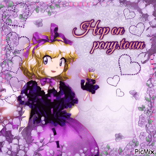 a picture of a girl in a purple dress with the words hop on pony town above her