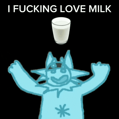 a drawing of a cat with a glass of milk on its head
