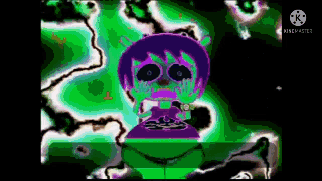 a cartoon character with purple hair and green eyes is crying in a green and purple animated video .