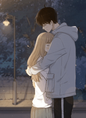 a boy and a girl are hugging each other in a cartoon