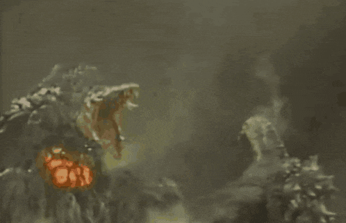 a painting of two monsters fighting each other with a yellow background