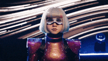a woman in a futuristic costume looks at the camera with a blurred background