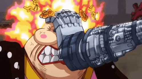 a cartoon character is holding a gun in front of his face while flames are coming out of his head .