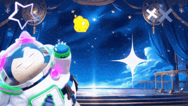 a cartoon character in a space suit is sleeping in front of a stage