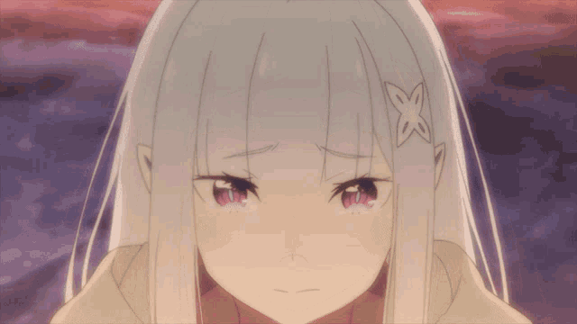 a close up of a girl with white hair and a butterfly on her hair