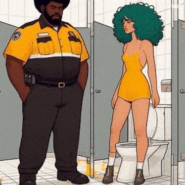 a man and a woman are standing next to a toilet