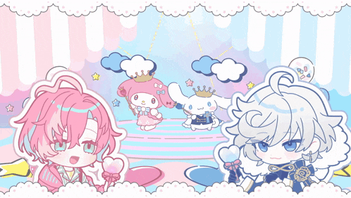 the word kawaii is on a pink and blue background with cartoon characters