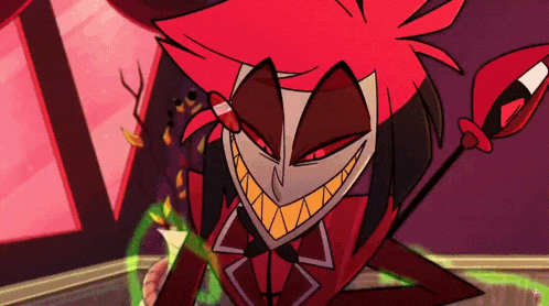 a close up of a cartoon character with red hair and red eyes